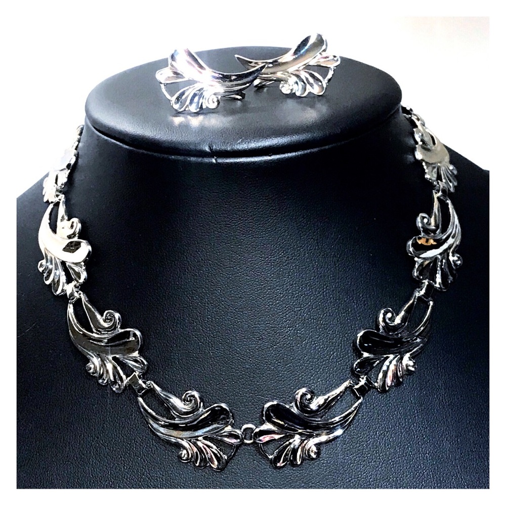 1940’s RHODIUM PLATED SOLID 925 STERLING CHOKER NECKLACE & EARRING STUNNING SET